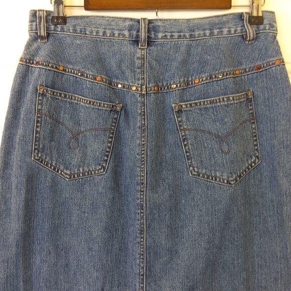 French Cuff blue denim maxi skirt with front split studs and rhinestones - Picture 8 of 12